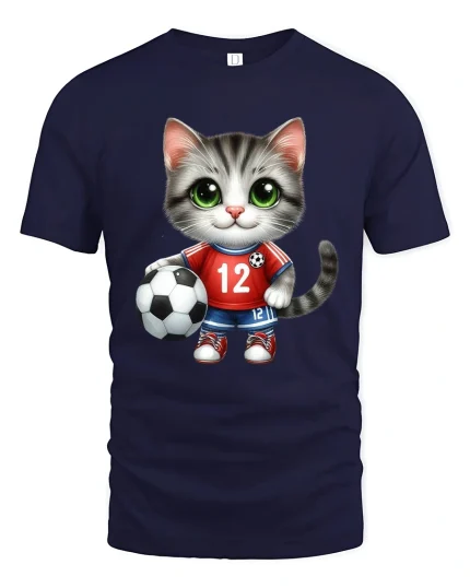 Cute Soccer Cat Cartoon Graphic Tee With Playful Sports Style - navy t-shirt on white background