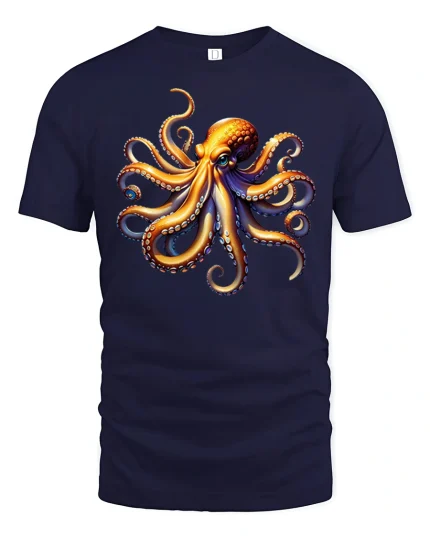 Colorful Octopus Ocean Art Graphic Tee With Bold Sea Energy - navy t-shirt on white background