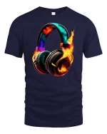 Flaming Headphones Music Energy Graphic Tee With Bold Sound Art - navy t-shirt on white background