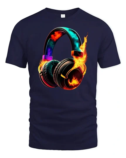 Flaming Headphones Music Energy Graphic Tee With Bold Sound Art - navy t-shirt on white background
