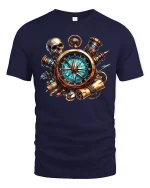 Steampunk Compass Skull Adventure Graphic Tee With Vintage Detail - navy t-shirt on white background