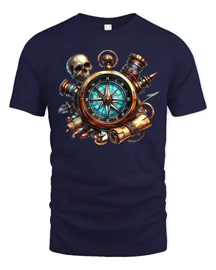 Steampunk Compass Skull Adventure Graphic Tee With Vintage Detail - navy t-shirt on white background