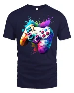 Color Splash Gaming Controller Graphic Tee With Vibrant Gamer Art - navy t-shirt on white background