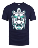 Mystic Guardian Face Graphic Tee With Bold Tribal Art Style - navy t-shirt on white background