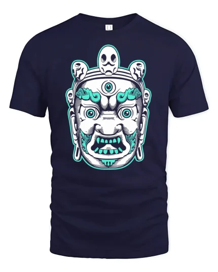 Mystic Guardian Face Graphic Tee With Bold Tribal Art Style - navy t-shirt on white background