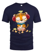Cute Relaxed Tiger Cartoon Graphic T Shirt With Cozy Autumn Vibes - navy t-shirt on white background