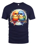 Colorful Love Birds Watercolor Art Graphic T Shirt Cute Style - navy t-shirt on white background