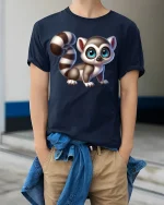 Cute Wide Eyed Baby Lemur Art Graphic T Shirt With Playful Charm - model wearing navy tee with hands in pockets