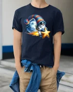 Cute Astronaut Gnome Riding Star Space Cartoon Graphic T Shirt - model wearing navy tee with hands in pockets
