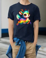 Cute Rainbow Deer Fantasy Cartoon Art Graphic Tshirt - model wearing navy tee with hands in pockets