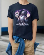 Mystic Time Wizard Cartoon Magic Clock Fantasy Graphic Tshirt - model wearing navy tee with hands in pockets