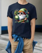 Mystic Dragon Gnome Wizard Fantasy Art Cartoon Graphic Tshirt - model wearing navy tee with hands in pockets