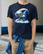 Rainbow Gnome Wizard Fantasy Art Cartoon Graphic T Shirt - model wearing navy tee with hands in pockets