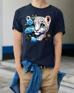 Cute Snow Leopard Cub Blue Rose Fantasy Art Graphic Tee - model wearing navy tee with hands in pockets