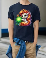 Cute Unicorn Fantasy Ornament Magic Cartoon Art Graphic Tee - model wearing navy tee with hands in pockets