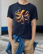 Colorful Octopus Ocean Art Graphic Tee With Bold Sea Energy - model wearing navy tee with hands in pockets