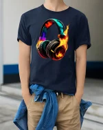 Flaming Headphones Music Energy Graphic Tee With Bold Sound Art - model wearing navy tee with hands in pockets