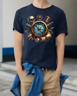 Steampunk Compass Skull Adventure Graphic Tee With Vintage Detail - model wearing navy tee with hands in pockets