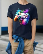 Color Splash Gaming Controller Graphic Tee With Vibrant Gamer Art - model wearing navy tee with hands in pockets