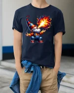 Funny Fire Breathing Wizard Gnome Cartoon Graphic T Shirt - model wearing navy tee with hands in pockets