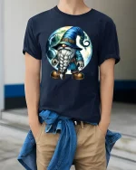Mystical Moon Wizard Gnome Cartoon Graphic T Shirt Fantasy Art - model wearing navy tee with hands in pockets