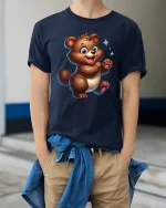 Cute Happy Bear Cartoon Art Graphic T Shirt Smiling Style - model wearing navy tee with hands in pockets