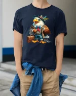 Vintage Gentleman Eagle Character Art Graphic T Shirt Style - model wearing navy tee with hands in pockets