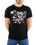 Cute Wide Eyed Baby Lemur Art Graphic T Shirt With Playful Charm - model wearing black tee with hands behind back