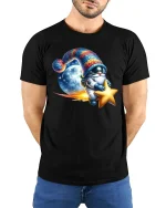 Cute Astronaut Gnome Riding Star Space Cartoon Graphic T Shirt - model wearing black tee with hands behind back