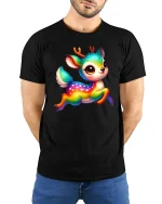 Cute Rainbow Deer Fantasy Cartoon Art Graphic Tshirt - model wearing black tee with hands behind back
