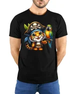 Cute Pirate Tiger Cartoon Adventure Art Graphic Tshirt - model wearing black tee with hands behind back