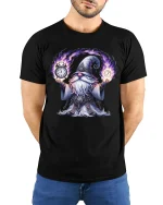 Mystic Time Wizard Cartoon Magic Clock Fantasy Graphic Tshirt - model wearing black tee with hands behind back