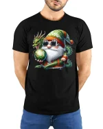 Mystic Dragon Gnome Wizard Fantasy Art Cartoon Graphic Tshirt - model wearing black tee with hands behind back