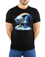 Rainbow Gnome Wizard Fantasy Art Cartoon Graphic T Shirt - model wearing black tee with hands behind back