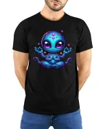 Cute Cosmic Alien Meditation Cartoon Graphic T Shirt - model wearing black tee with hands behind back