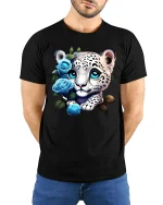Cute Snow Leopard Cub Blue Rose Fantasy Art Graphic Tee - model wearing black tee with hands behind back