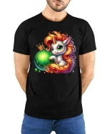 Cute Unicorn Fantasy Ornament Magic Cartoon Art Graphic Tee - model wearing black tee with hands behind back