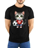 Cute Soccer Cat Cartoon Graphic Tee With Playful Sports Style - model wearing black tee with hands behind back