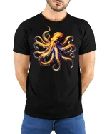 Colorful Octopus Ocean Art Graphic Tee With Bold Sea Energy - model wearing black tee with hands behind back