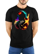 Flaming Headphones Music Energy Graphic Tee With Bold Sound Art - model wearing black tee with hands behind back