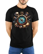Steampunk Compass Skull Adventure Graphic Tee With Vintage Detail - model wearing black tee with hands behind back