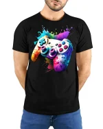 Color Splash Gaming Controller Graphic Tee With Vibrant Gamer Art - model wearing black tee with hands behind back