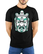Mystic Guardian Face Graphic Tee With Bold Tribal Art Style - model wearing black tee with hands behind back