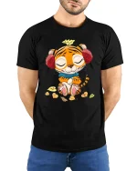 Cute Relaxed Tiger Cartoon Graphic T Shirt With Cozy Autumn Vibes - model wearing black tee with hands behind back