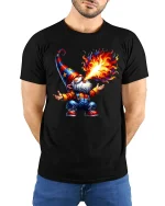 Funny Fire Breathing Wizard Gnome Cartoon Graphic T Shirt - model wearing black tee with hands behind back