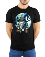 Mystical Moon Wizard Gnome Cartoon Graphic T Shirt Fantasy Art - model wearing black tee with hands behind back