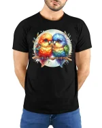 Colorful Love Birds Watercolor Art Graphic T Shirt Cute Style - model wearing black tee with hands behind back