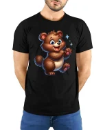 Cute Happy Bear Cartoon Art Graphic T Shirt Smiling Style - model wearing black tee with hands behind back