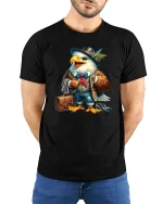 Vintage Gentleman Eagle Character Art Graphic T Shirt Style - model wearing black tee with hands behind back