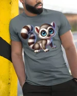 Cute Wide Eyed Baby Lemur Art Graphic T Shirt With Playful Charm - model wearing grey tee, leaning on column